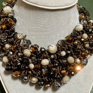 Aldo Beaded Chunky Bib Statement Necklace Brown White Amber Color